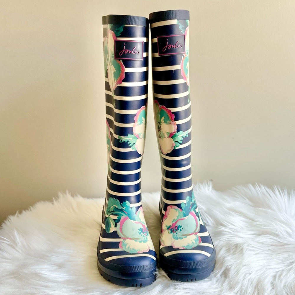 Joules Tall Welly Knee High Rain Boots - Navy Floral Stripe - Picture 4 of 7